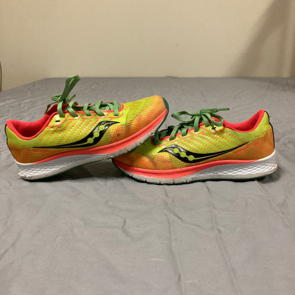 Saucony Ride 13 Kids Running Shoes Neon Yellow Green Orange Sneakers - Picture 3 of 9